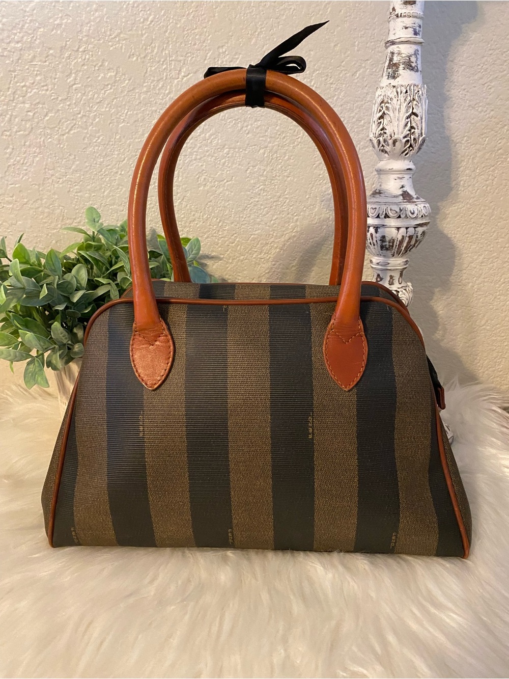 Fendi Pequin Brown and Black Striped Dome Satchel VINTAGE